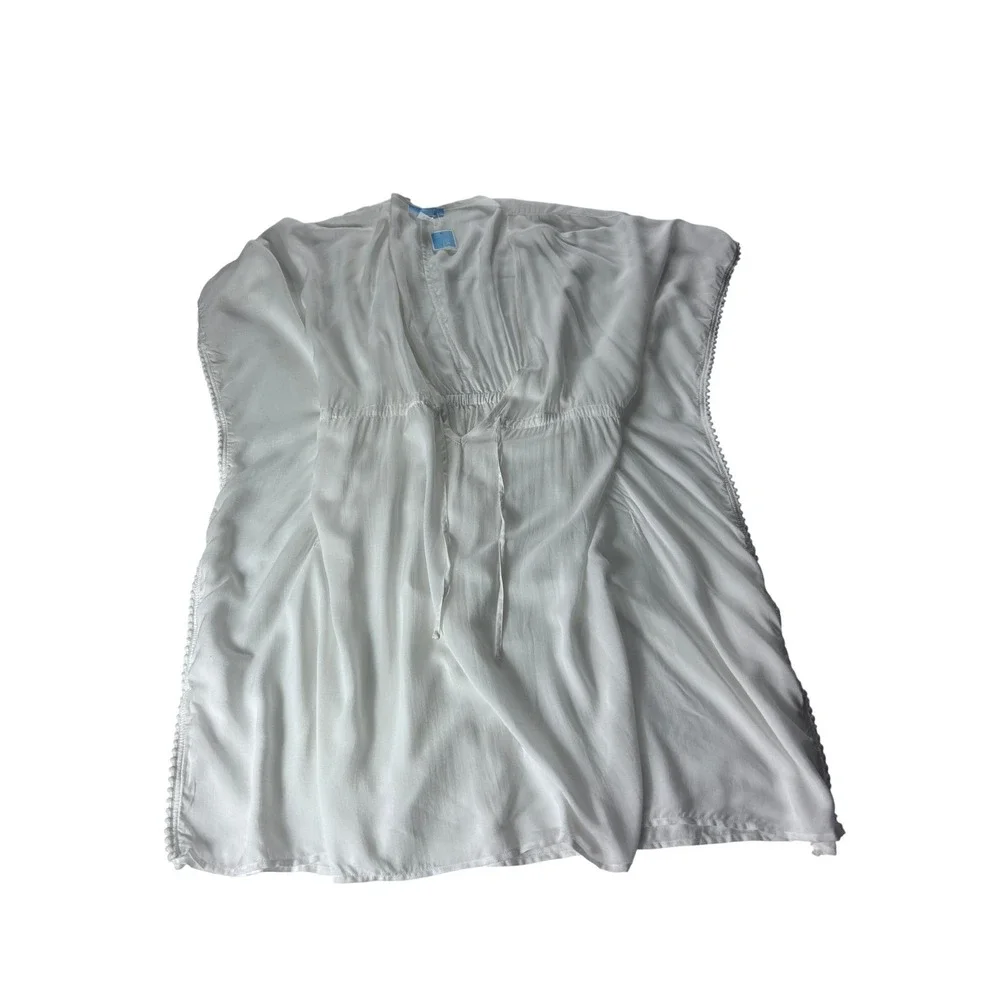 Draper James RSVP White Kaftan Swim Cover Up Pom Trim Size Medium Batwing NEW